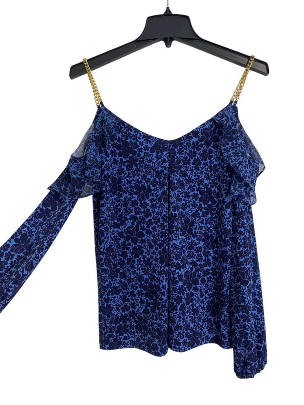 MICHAEL Michael Kors Cold-Shoulder Floral Chain-Strap Top Blue Size Small